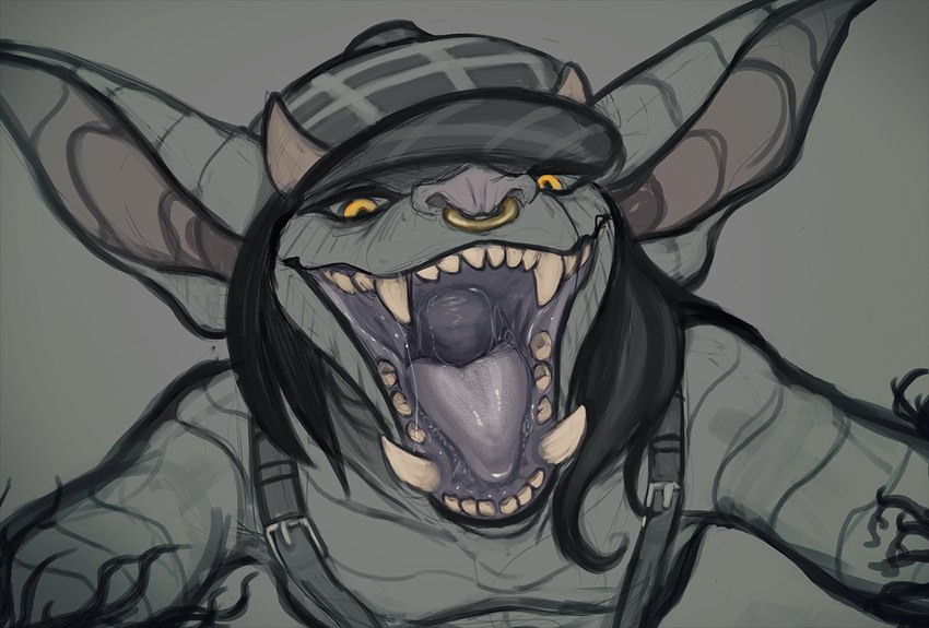 anthro bodily_fluids clothing facial_piercing female first_person_view hat headgear headwear horn mouth_shot nose_piercing nose_ring open_mouth piercing ring_piercing saliva selective_coloring solo teeth throat tongue vore acidic deadlock valve ivy_(deadlock) gargoyle