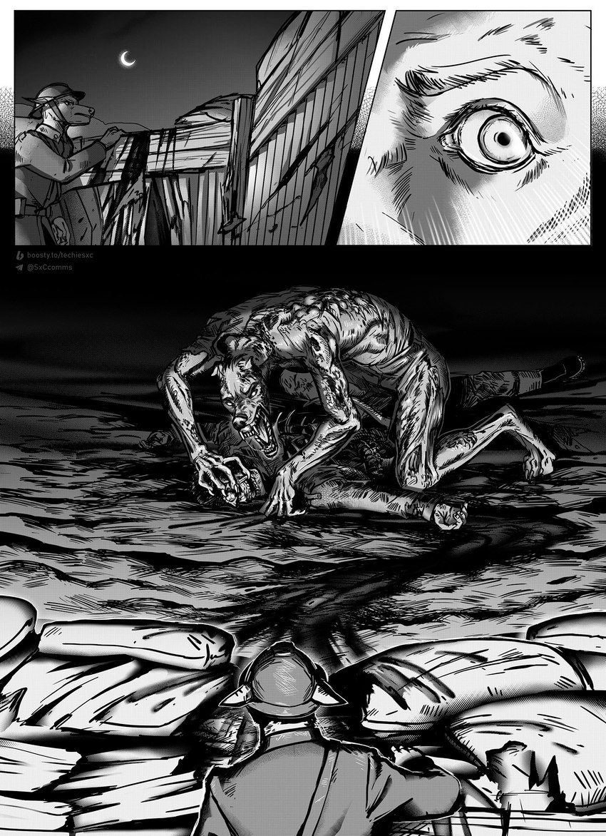 ambiguous_gender anthro armor black_white blood bodily_fluids body_horror bone clothing coat death dismemberment duo gore headgear helmet macabre male military moon night sandbag shocked skull soldier topwear trench trenchcoat warrior techiesxc canid canine canis domestic_dog mammal monster comic digital_media_(artwork) hi_res monochrome