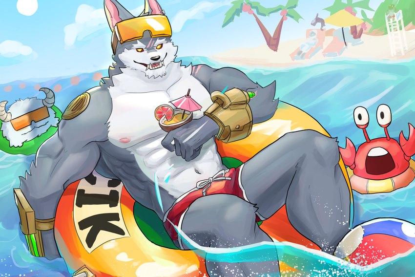 anthro ball beach_ball beach_umbrella clothing eyewear glasses group inflatable male muscular muscular_male nipples parasol pecs scar smile warwickislovely league_of_legends riot_games tencent kindred_(lol) lamb_(lol) pool_party_renekton renekton warwick_(lol) wolf_(lol) canid canine canis humanoid mammal poro wolf absurd_res hi_res