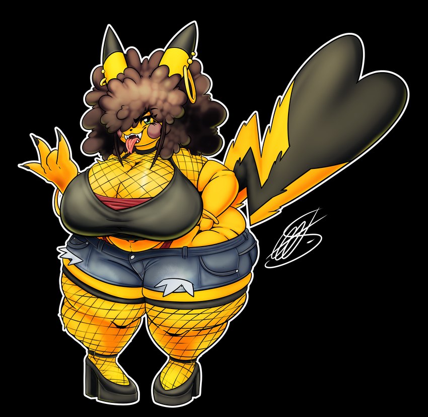 anthro big_breasts breasts clothed clothing female fur hair huge_breasts huge_hips huge_thighs hyper hyper_hips hyper_thighs looking_at_viewer open_mouth smile solo tail thick_thighs wide_hips yellow_body yellow_fur shieradevil nintendo pokemon fan_character shiera_(shieradevil) generation_1_pokemon mammal pikachu pokemon_(species) rodent absurd_res digital_media_(artwork) hi_res shaded