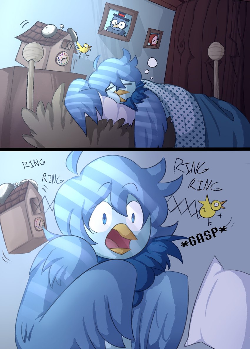 alarm_clock anthro beak bed bedding biped blanket blue_body blue_eyes blue_feathers blue_hair clock dialogue eyes_closed feathers female furniture hair inside open_mouth photo sleeping solo text winged_arms wings yellow_beak awilddaydreamer eiiart figburn nero_inu undertale_(series) undertale_yellow martlet_(undertale_yellow) avian bird 2019 colored comic english_text hi_res official_art