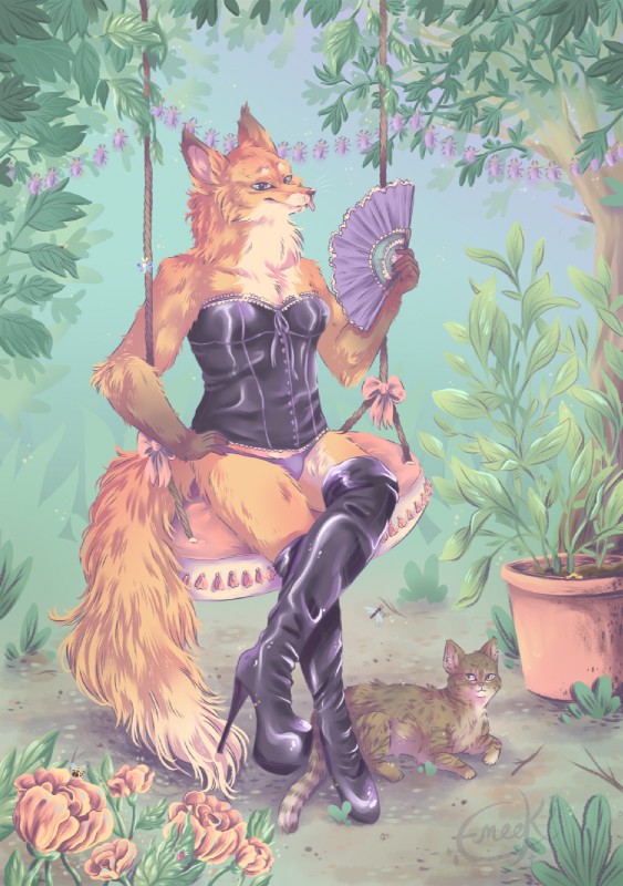 anthro bow_(decoration) bow_corset clothing corset detailed_background female femboy feral footwear hand_fan hand_on_hip high_heels leaf leather lights lingerie lying male outside panties plant shoes sitting smile swing topwear tree underwear eneeku fred lilou canid canine domestic_cat felid feline felis fox mammal hi_res