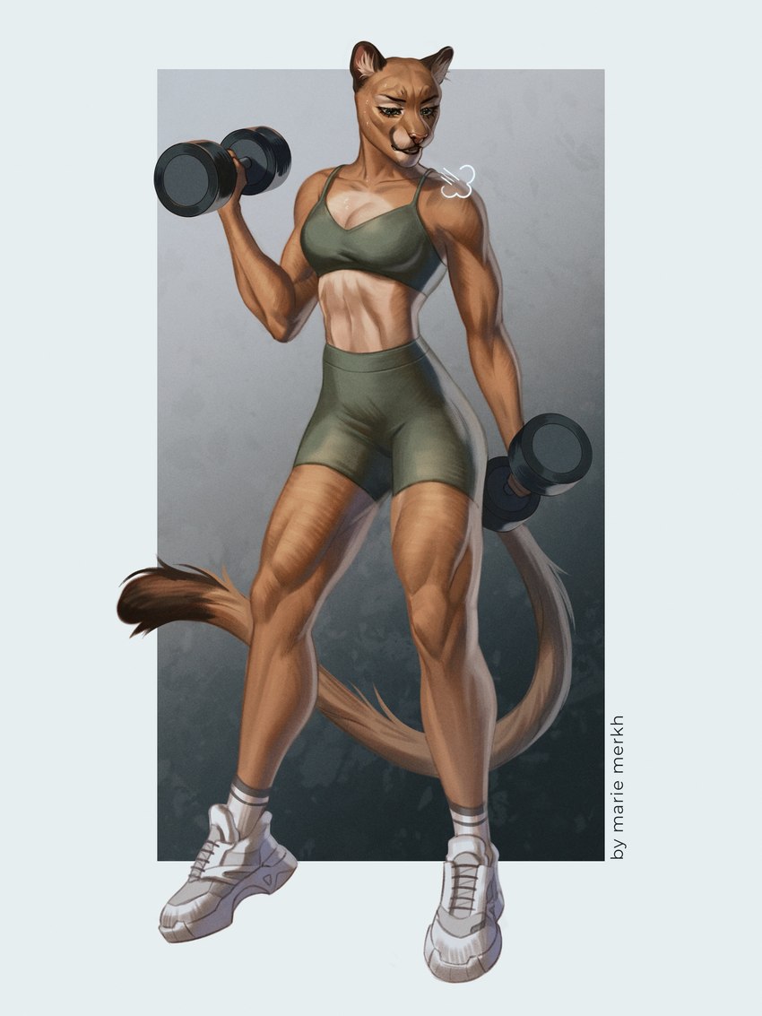 anthro athletic athletic_anthro athletic_female bottomwear breath brown_body brown_fur clothed clothing exercise eyelashes female footwear front_view fur glistening glistening_eyes green_bottomwear green_clothing green_eyes green_topwear open_mouth shoes solo tan_body tan_fur topwear weightlifting white_clothing white_footwear white_shoes workout marie_merkh felid lion mammal pantherine 3:4 absurd_res artist_name hi_res