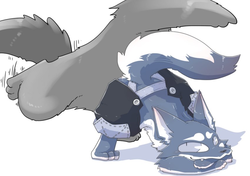 3_toes all_fours ambiguous_gender anthro ass_up belly big_eyes bottomwear button_(fastener) clothed clothing cute_fangs duo eyebrows fangs feet fingers fluffy fur grey_back grey_body grey_fur kemono looking_at_another motion_lines multicolored_body multicolored_fur pants raised_tail simple_background tail teeth toes topless two_tone_body two_tone_fur white_background white_belly white_body white_fur mizu_(pixiv) canid canine canis mammal wolf alpha_channel