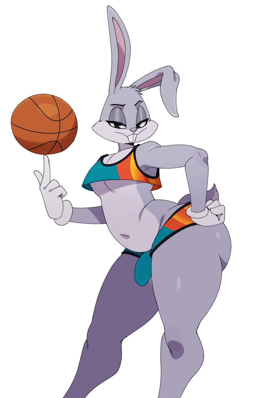 4_fingers anthro ball basketball_(ball) bedroom_eyes biped bottomwear buckteeth bulge butt clothing countershade_face countershading cropped_tank_top detailed_bulge eyelashes femboy fingers fur genital_outline gloves grey_body grey_countershading grey_fur hand_on_hip handwear head_tuft hotpants humanoid_hands looking_at_viewer male minishorts monotone_background narrowed_eyes navel no_pupils penis_outline scut_tail seductive short_tail shorts simple_background smile solo standing tail teeth thick_thighs tuft white_background white_clothing white_gloves white_handwear sssonic2 looney_tunes warner_brothers bugs_bunny lagomorph mammal 2023 absurd_res colored digital_media_(artwork) hi_res shaded