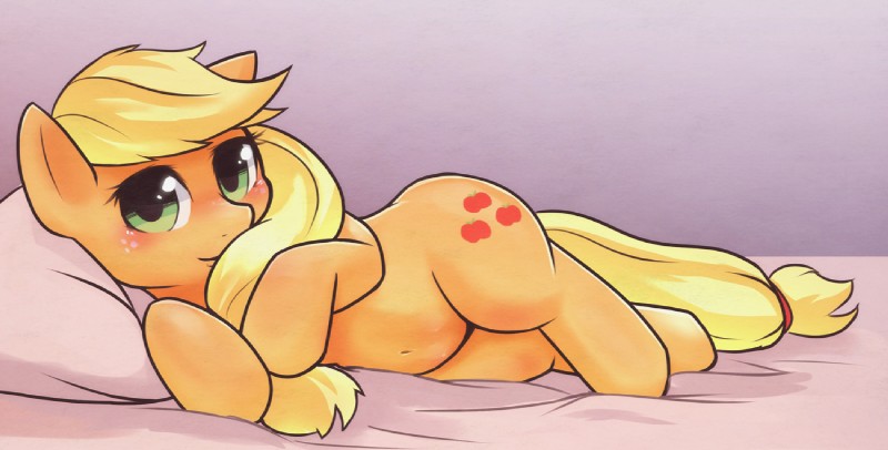 blonde_hair blush cutie_mark female feral green_eyes hair looking_at_viewer orange_body quadruped solo tail rag._(artist) friendship_is_magic hasbro my_little_pony applejack_(mlp) earth_pony equid equine horse mammal pony