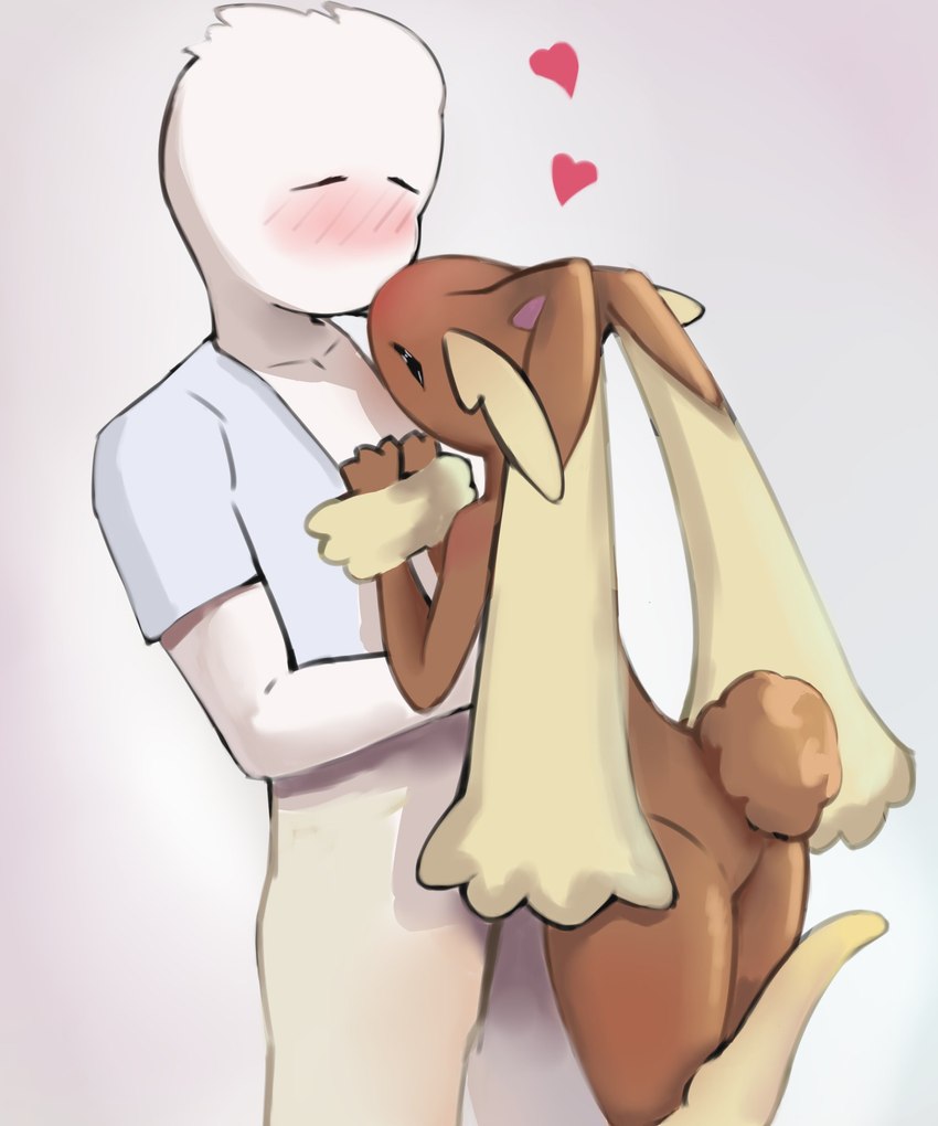 ambiguous_gender anthro blush blush_lines brown_body brown_fur duo eyebrows eyes_closed faceless faceless_character faceless_male fur hair heart_symbol kissing male male/ambiguous raised_leg simple_background tail white_hair yellow_body yellow_fur noconcession nintendo pokemon generation_4_pokemon human lagomorph lopunny mammal pokemon_(species) 2024 5:6 hi_res