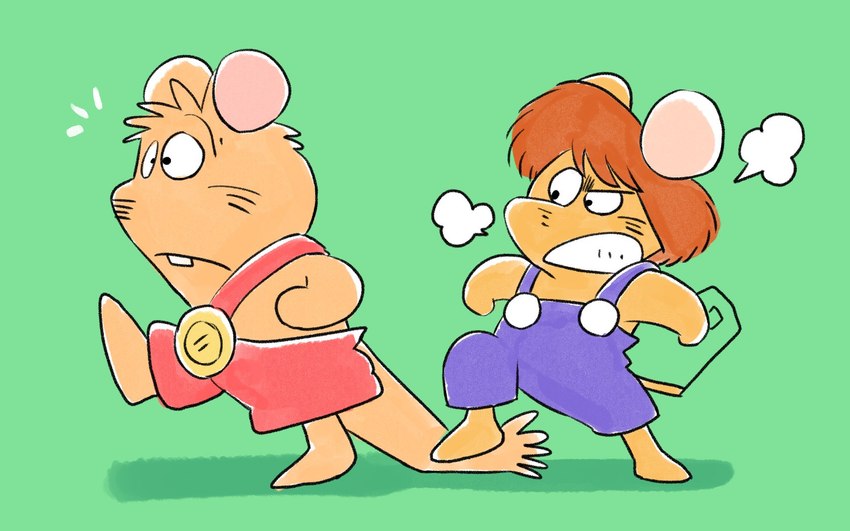 angry anthro biped brown_body brown_hair chibi clothed clothing duo green_background hair simple_background surprised hikari_gamba gamba_no_bouken gamba_no_bouken_(series) ganba ikasama mammal mouse murid murine rodent 16:10 2024 hi_res widescreen