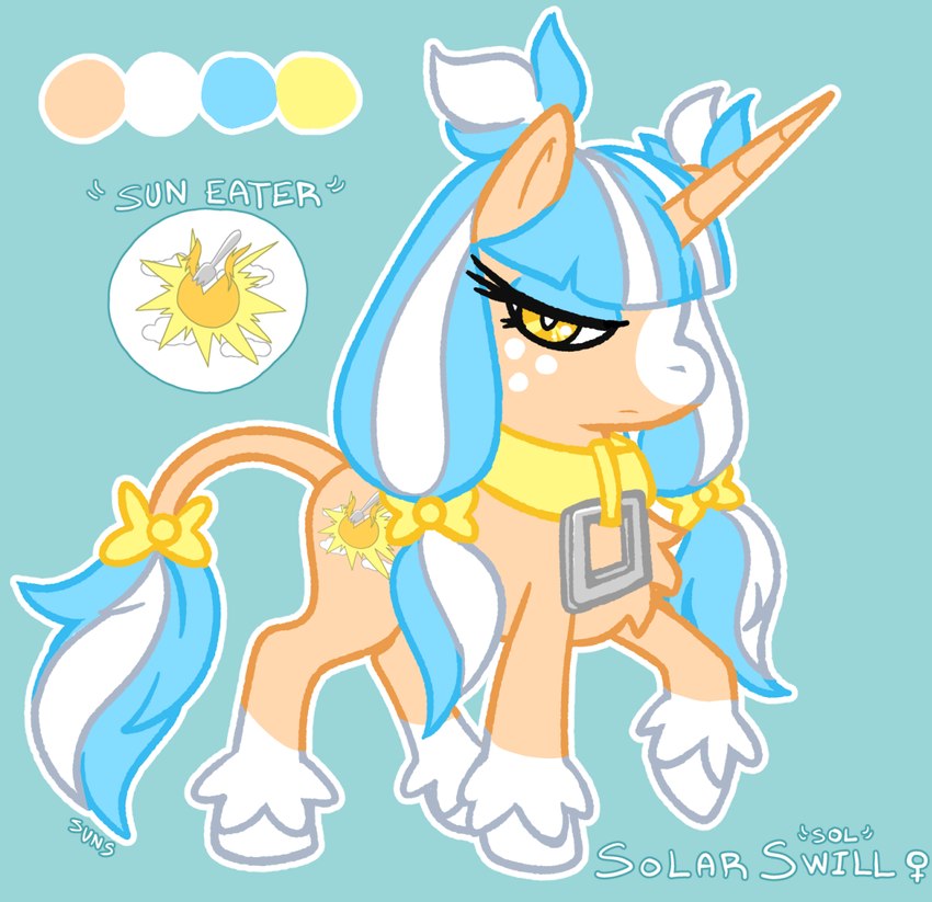 blue_body blue_fur blue_mane bow_(feature) collar cutie_mark female freckles fur horn mane simple_background solar_swill solo suns42069 tan_body tan_fur text white_body white_fur white_mane yellow_bow yellow_collar yellow_eyes suns unshackled hasbro my_little_pony mythology fan_character equid equine mammal mythological_creature mythological_equine unicorn safe_(disambiguation) 2024 colored english_description english_text hi_res