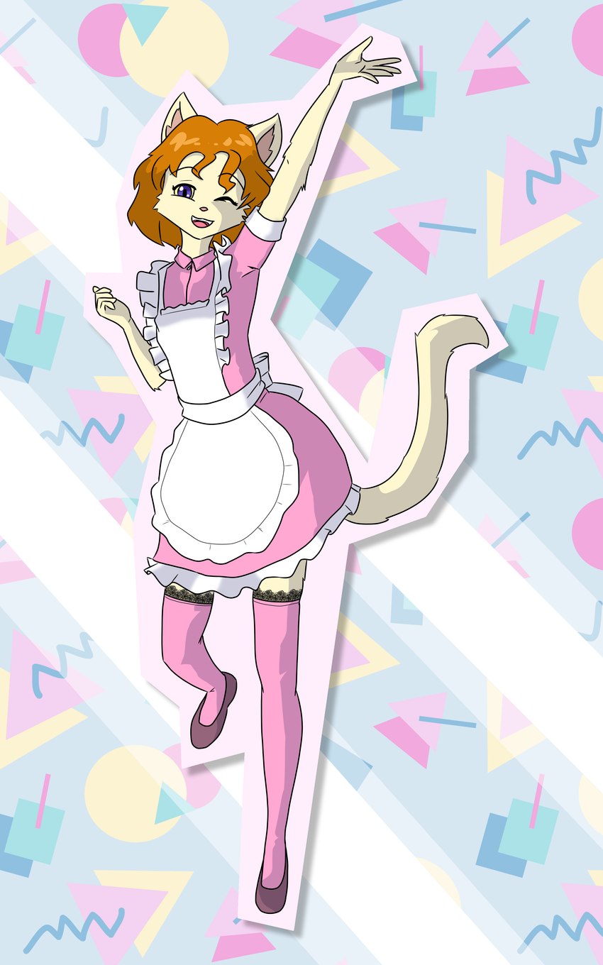 anthro apron clothing female fur geometric_background hair legwear looking_at_viewer maid_uniform simple_background solo stockings tail uniform kawaoneechan farrah_furcett felid felin mammal 2023 5:8 absurd_res digital_media_(artwork) hi_res