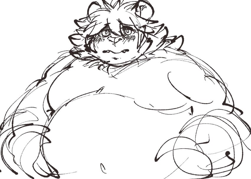 anthro belly blush hair looking_at_viewer male mane mane_hair moobs navel overweight overweight_male simple_background sketchy solo white_background exe_exem lifewonders tokyo_afterschool_summoners vapula_(tas) felid lion mammal pantherine digital_drawing_(artwork) digital_media_(artwork) sketch