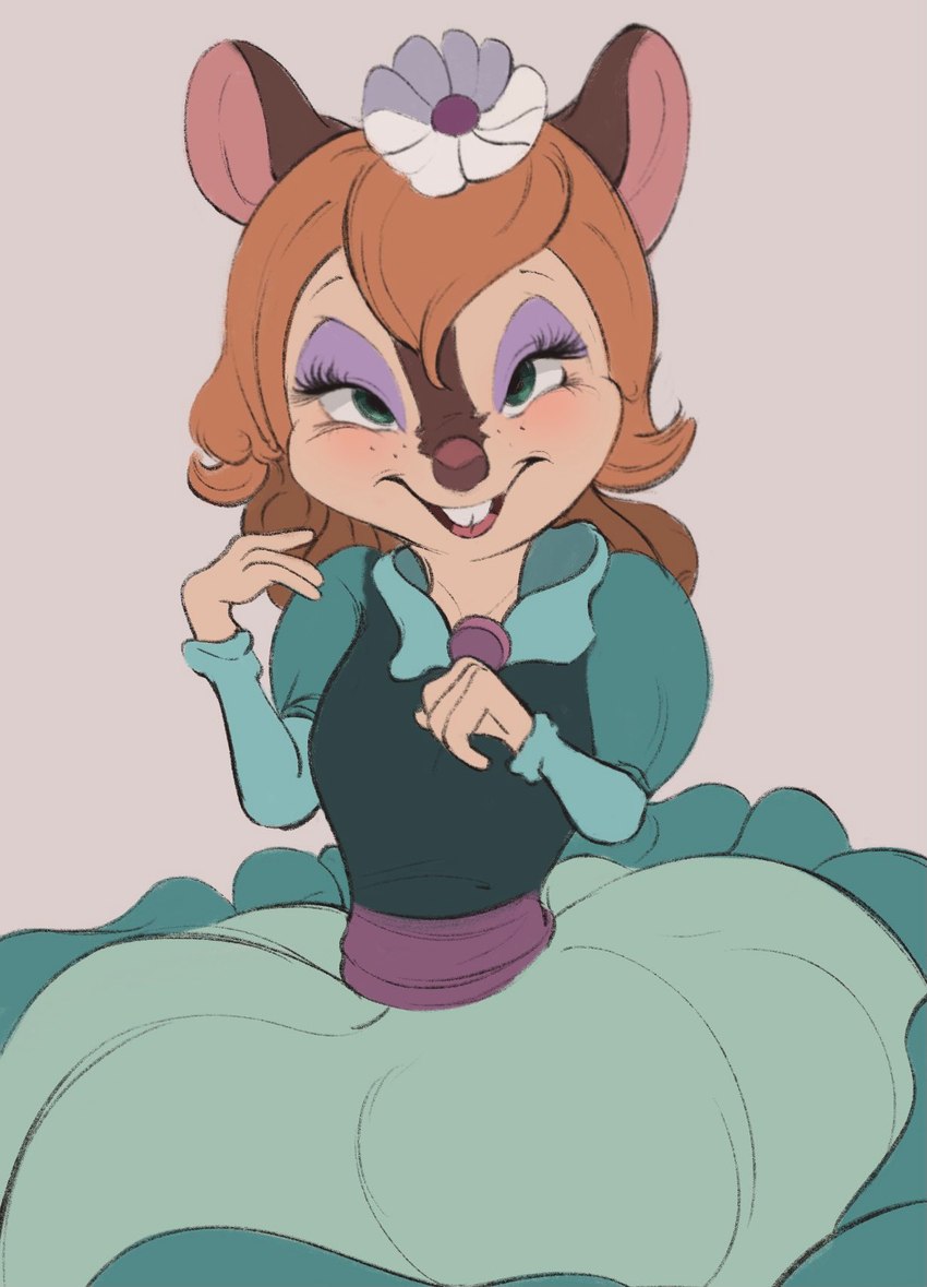 anthro blush buckteeth clothed clothing dress eyeshadow female fully_clothed hair looking_at_viewer makeup open_mouth open_smile simple_background smile solo teeth conditional_dnp tohupo an_american_tail don_bluth bridget_(an_american_tail) mammal mouse murid murine rodent 2021 hi_res