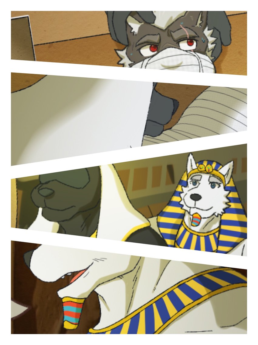 anthro black_body blindfold cloth_gag clothing egyptian egyptian_clothing egyptian_headdress eye_scar facial_scar gag gagged group lying male mummification muzzle_(object) muzzle_gag offscreen_character on_back red_eyes scar wall_(structure) white_body dragon0324r egyptian_mythology middle_eastern_mythology mythology anubian_jackal canid canine canis jackal mammal wolf 2024 3:4 comic hi_res
