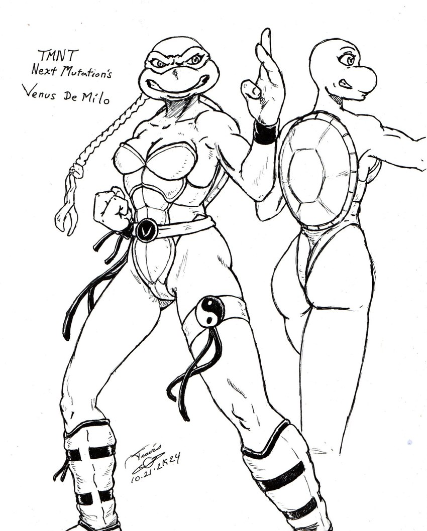 accessory anthro belt eyemask eyewear female fighting_pose headband ninja pose redesign shell solo thin_calves warrior wrist_guards zmorphcom teenage_mutant_ninja_turtles venus_de_milo_(tmnt) reptile scalie terrapin turtle 2024 hi_res