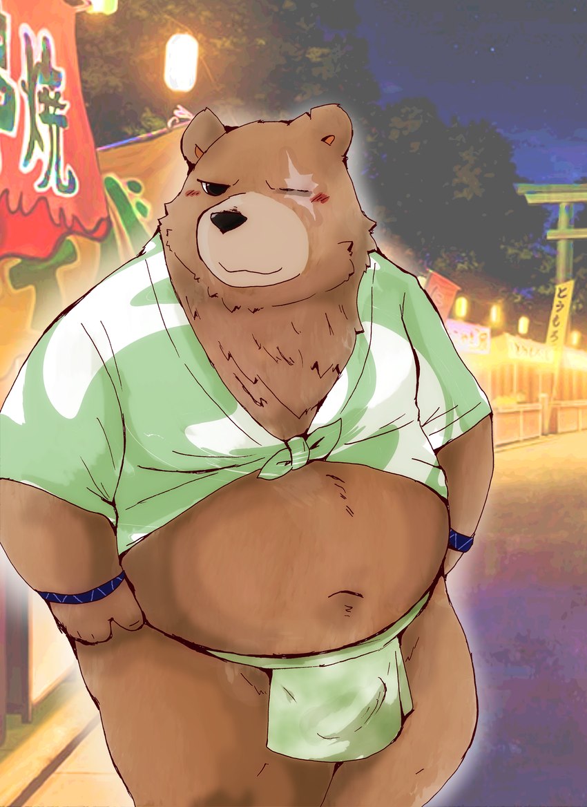 anthro asian_clothing belly black_nose blush brown_body brown_fur clothing east_asian_clothing festival fundoshi fur green_clothing green_fundoshi green_underwear japanese_clothing kemono male navel night outside overweight overweight_male real scar smile solo underwear snow_utamaru mihoyo zenless_zone_zero ben_bigger bear mammal 2024 absurd_res hi_res