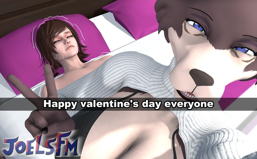 anthro bed bedroom big_breasts bodily_fluids breasts clothed clothing duo eyes_closed female furniture gesture hand_gesture holiday_message holidays looking_at_viewer male male/female self_insert shaking smile smiling_at_viewer sweat sweatdrop text v_sign joelsfm beastars guy_tired_after_sex_(meme) valentine's_day juno_(beastars) canid canine canis human mammal wolf 2025 3d_(artwork) absurd_res digital_media_(artwork) english_text hi_res meme source_filmmaker_(artwork)