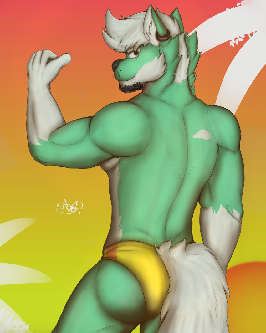 anthro athletic athletic_anthro athletic_male beard butt clothed clothed_anthro clothed_male clothing eyebrows facial_hair fur green_body green_fur hair head_turned looking_at_viewer looking_back male multicolored_body multicolored_fur outside palms rear_view short_hair sky smile solo speedo speedo_only standing summer sun sunset swimwear tail topless two_tone_body two_tone_fur white_body white_fur white_hair yellow_clothing yellow_speedo yellow_swimwear ryoryoryo_20 ryoishisaki canid canine canis domestic_dog husky mammal nordic_sled_dog spitz wolf 2024 absurd_res artist_name half-length_portrait hi_res portrait shaded