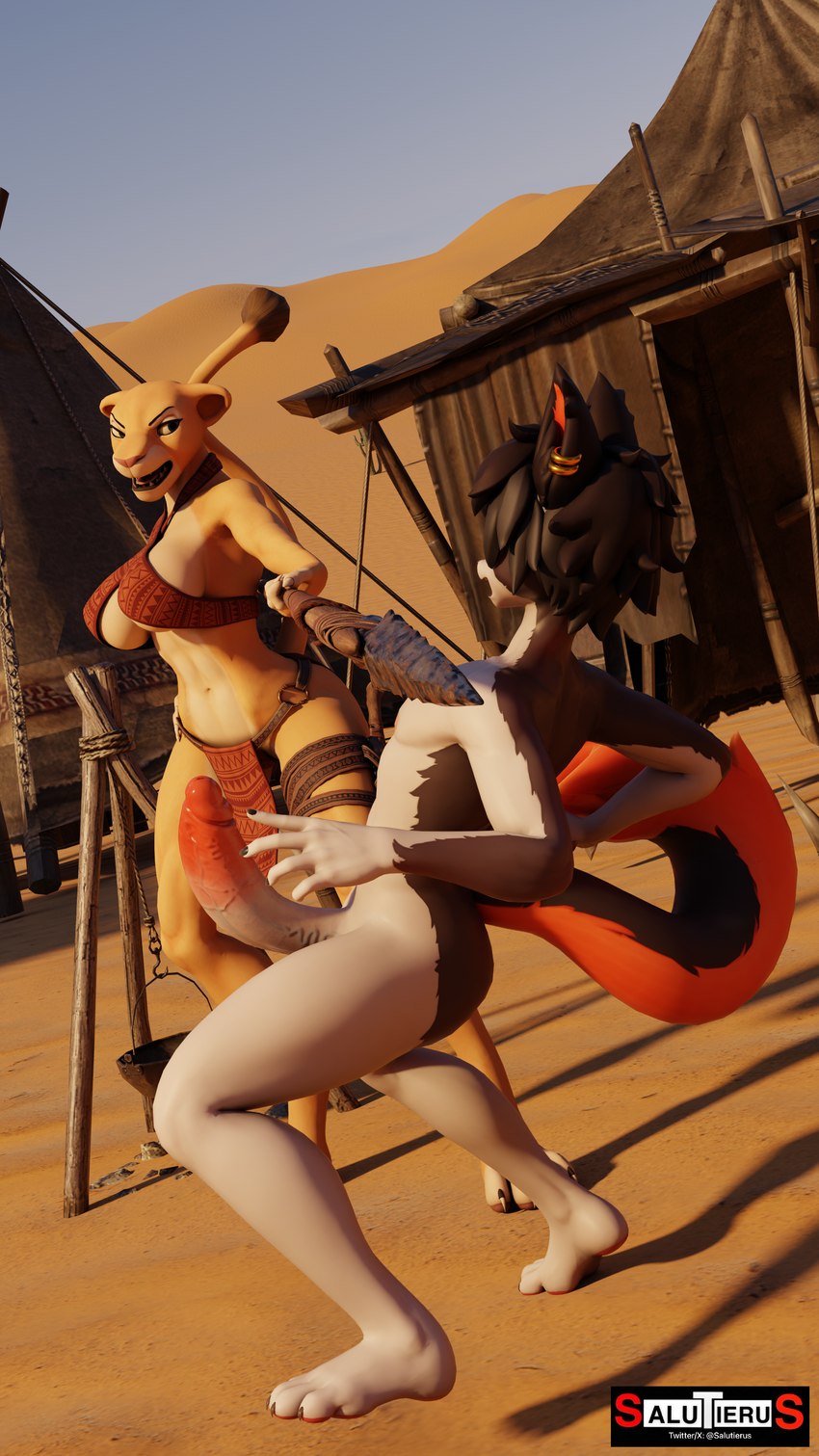 angry anthro anthrofied attack big_penis bottomwear breasts clothed clothing day desert detailed_background duo erection female genitals huge_penis humanoid_genitalia humanoid_penis imminent_rape loincloth male male/female melee_weapon nude outside penis polearm skimpy_dress spear surprised_expression tent under_boob weapon salutierus arknights disney hypergryph studio_montagne the_lion_king aak_(arknights) aak_(valorlynz) nala_(mayosplash) nala_(the_lion_king) domestic_cat felid feline felis lion mammal pantherine 3d_(artwork) 4k 9:16 absurd_res digital_media_(artwork) hi_res