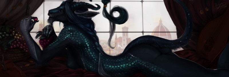 anthro breasts female hair horn lying nipples non-mammal_breasts non-mammal_nipples on_front scales solo tail thescarletartist mythology dragon mythological_creature mythological_scalie scalie