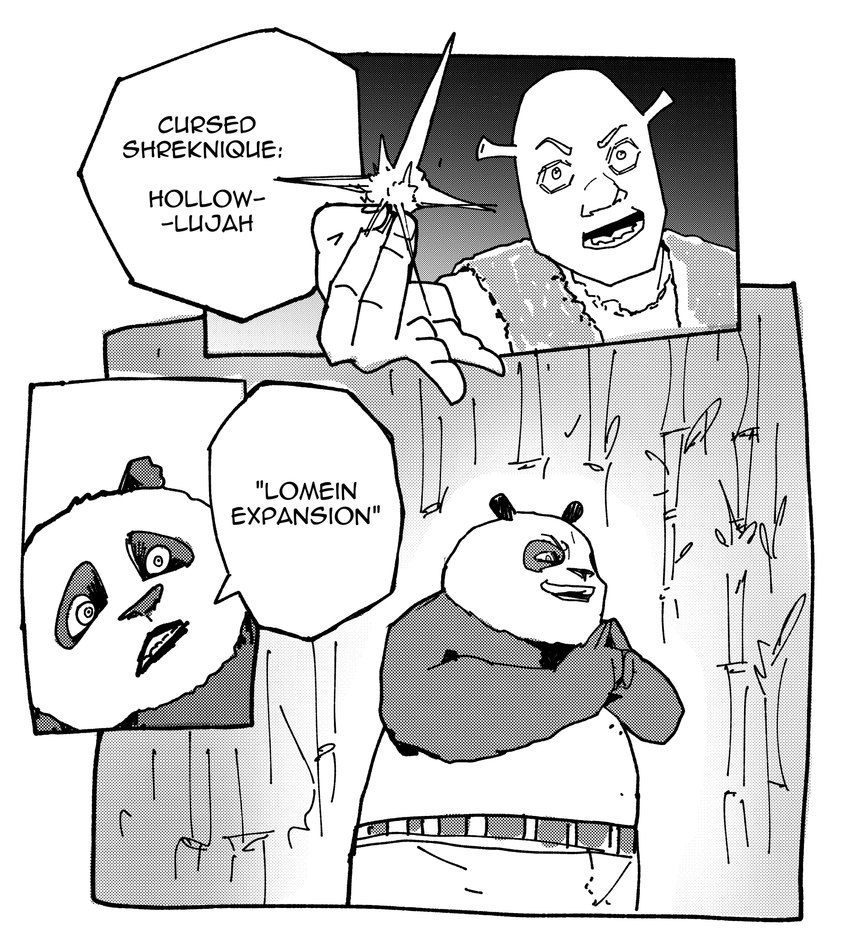 anthro bottomwear clothing dialogue domain_expansion duo humor male shorts text subakeye dreamworks jujutsu_kaisen kung_fu_panda shrek_(series) master_po_ping shrek_(character) bear giant_panda humanoid mammal ogre absurd_res comic english_text hi_res monochrome