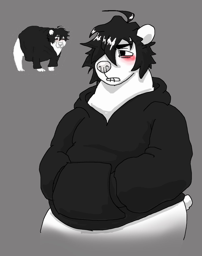 ahoge anthro belly big_belly black_clothing black_hair blush bottomless clothed clothing fur hair hoodie male obese overweight overweight_male solo topwear white_body white_fur telstartelstar doomer_(meme) doomer_bear doomer_boy bear mammal hi_res meme