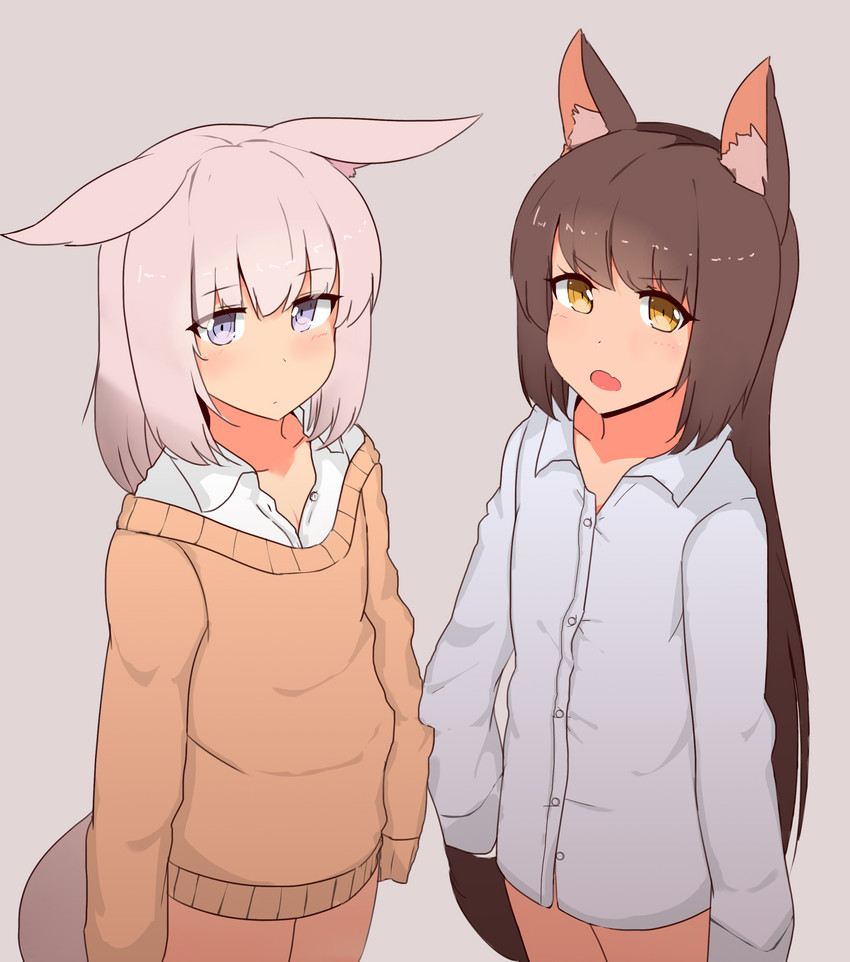 blush clothed clothing duo female looking_at_viewer open_mouth shirt simple_background topwear young nao_(artist) animal_humanoid humanoid absurd_res hi_res