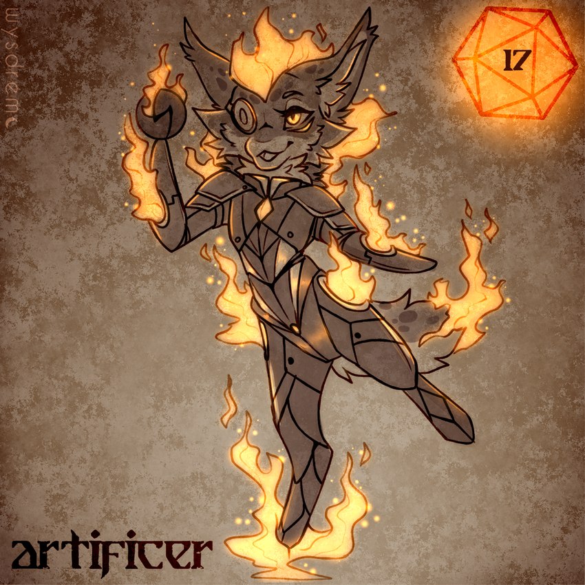 ambiguous_gender anthro armor armor_plates artificer body_armor burning d20 dice ear_tuft ears_up elemental_manipulation fire fire_manipulation flaming_orb holidays ocular_prosthetic open_mouth orange_eyes orb prosthetic rivets tuft wysdrem halloween unknown_species 1:1 hi_res