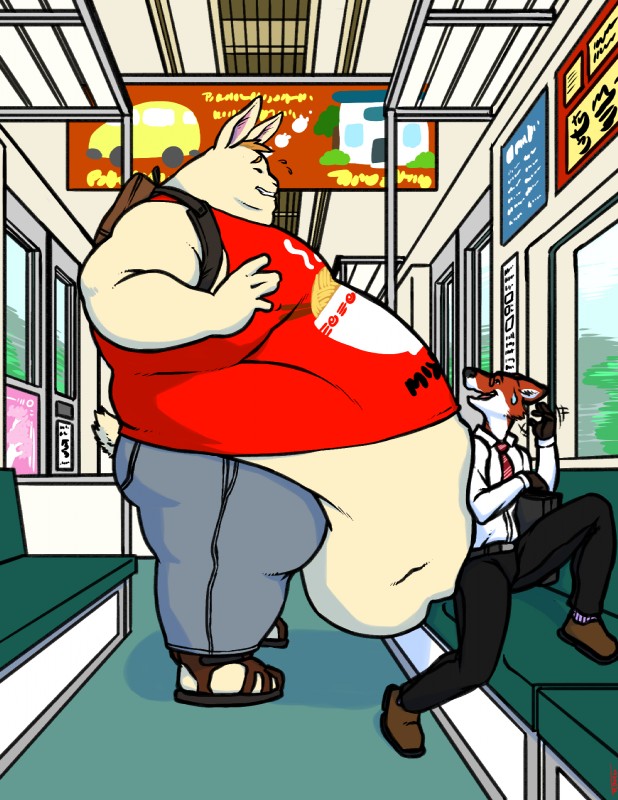 anthro belly belly_overhang big_belly clothed clothing detailed_background duo inside_train male midriff morbidly_obese obese overweight size_difference train vehicle tkc2021 canid canine fox lagomorph leporid mammal rabbit hi_res