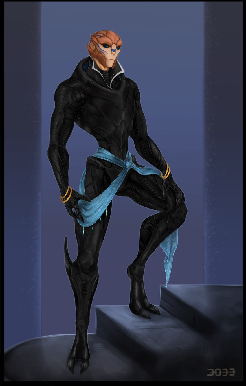 bangle blue_eyes bodypaint bodysuit clothed clothing face_paint female hand_on_leg jewelry looking_at_viewer not_furry sash skinsuit solo standing tight_clothing 3033 bioware electronic_arts mass_effect eliana_corvalis alien humanoid turian hi_res