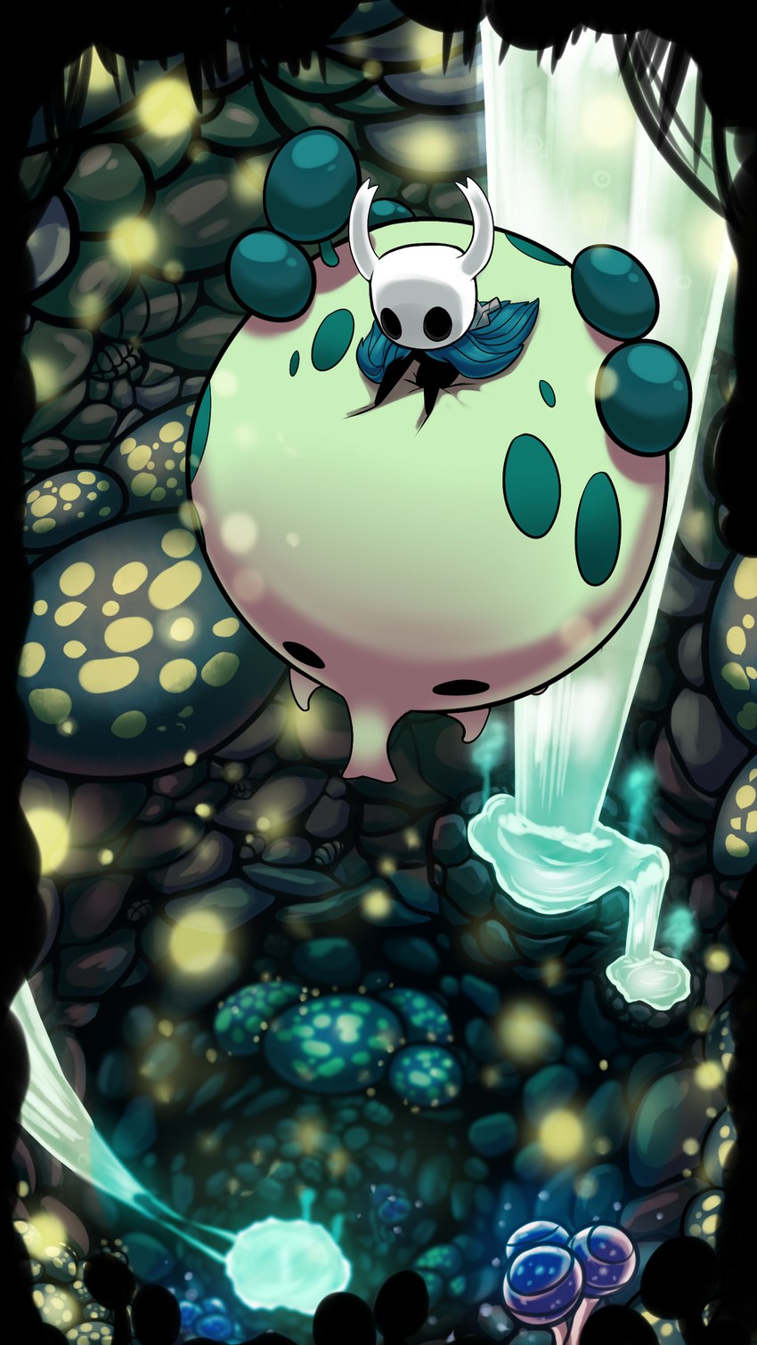 2_horns ambiguous_gender black_arms black_body black_eyes black_legs cloak clothing crouching detailed_background duo floating fungus horn melee_weapon nail_(weapon) water weapon weapon_on_back white_head sol-lar-bink hollow_knight team_cherry the_knight_(hollow_knight) vessel_(species) 2019 9:16 absurd_res digital_media_(artwork) hi_res