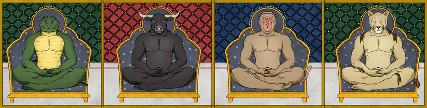 abstract_background anthro chair fur furniture group halo horn indian jainism lotus_pose male nipples nude nude_anthro nude_male pecs religion religious_symbol religious_themes shaved sitting sitting_on_throne throne xroshtag_(artist) jain_(religion) bovid bovine cattle crocodile crocodilian felid haplorhine lion macaque mammal monkey old_world_monkey pantherine primate reptile rhesus_macaque scalie absurd_res hi_res