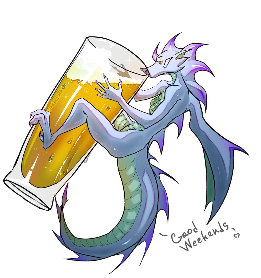 alcohol anthro beer beer_glass belly beverage blue_body breasts butt claws dragon_wings featureless_breasts female frill_(anatomy) glistening glistening_body horn organs purple_horn red_wings scales scalie_tail scar size_difference small_breasts small_butt smaller_female solo stomach tail ventral_scales wings varakaska mythology animal_humanoid dragon humanoid mythological_creature mythological_scalie scalie scalie_humanoid absurd_res hi_res