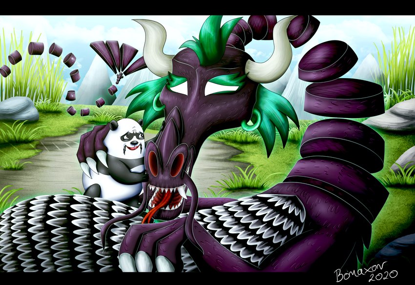 anthro comforting dragon_(skunk_fu) duo grass male mountain plant reunion rock size_difference tall_grass bonaxor mythology skunk_fu panda_(skunk_fu) bear dragon eastern_dragon giant_panda mammal mythological_creature mythological_scalie scalie hi_res story story_in_description