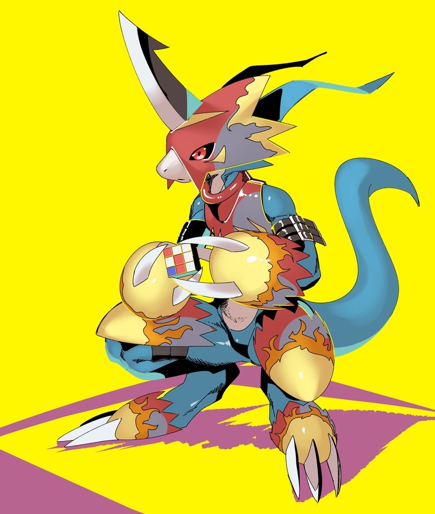 anthro armor blade_fingers blue_body claws crouching cube digitigrade featureless_crotch horn male puzzle red_eyes simple_background solo straps yellow_background skink_hisshiss bandai_namco digimon rubik's_cube digimon_(species) flamedramon hi_res