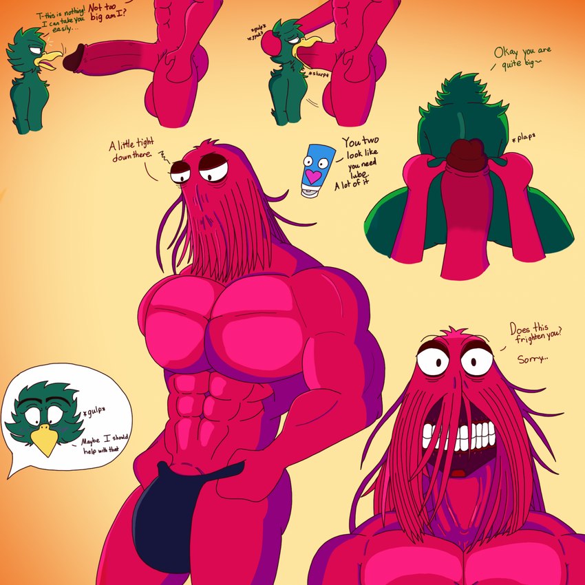 abs alternate_form anthro areola athletic athletic_humanoid athletic_male balls barely_visible_genitalia barely_visible_penis beak biceps big_balls big_pecs big_penis blush bulge dialogue duo eyelashes feathers fingers fur genitals green_body green_feathers hair huge_penis hyper hyper_genitalia hyper_penis imminent_sex larger_humanoid larger_male legs_up lube_bottle male male/male muscular muscular_humanoid muscular_male nude oral pecs penis pupils red_body red_fur red_hair short_tail simple_background simple_eyes size_difference smaller_anthro smaller_male tail tail_feathers text rougetenjoname don't_hug_me_i'm_scared duck_guy_(dhmis) red_guy_(dhmis) anatid animate_inanimate anseriform avian bird duck humanoid living_container 1:1 2022 artist_name digital_drawing_(artwork) digital_media_(artwork) english_text hi_res