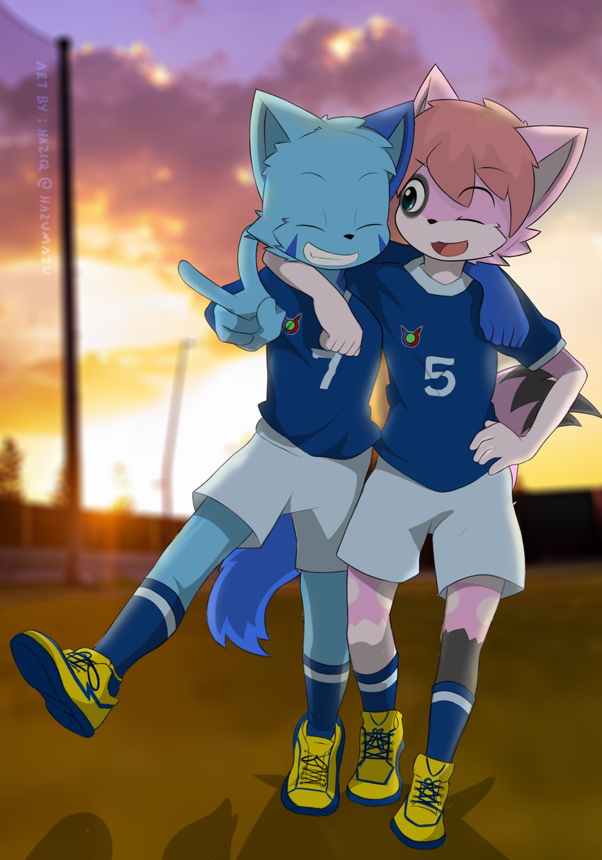 anthro blinking blue_body blue_clothing blue_footwear blue_fur blue_shirt blue_socks blue_t-shirt blue_topwear clothed clothing detailed_background duo eyes_closed footwear fur gesture hand_gesture hug male male/male number open_mouth pink_body pink_fur shirt shoes smile soccer_uniform socks sportswear t-shirt tail topwear uniform v_sign walking yellow_clothing yellow_footwear yellow_shoes young hazumazu haziq_(hazumazu) naz_namaki_(cynxie) domestic_cat felid feline felis mammal 2023 artist_name hi_res