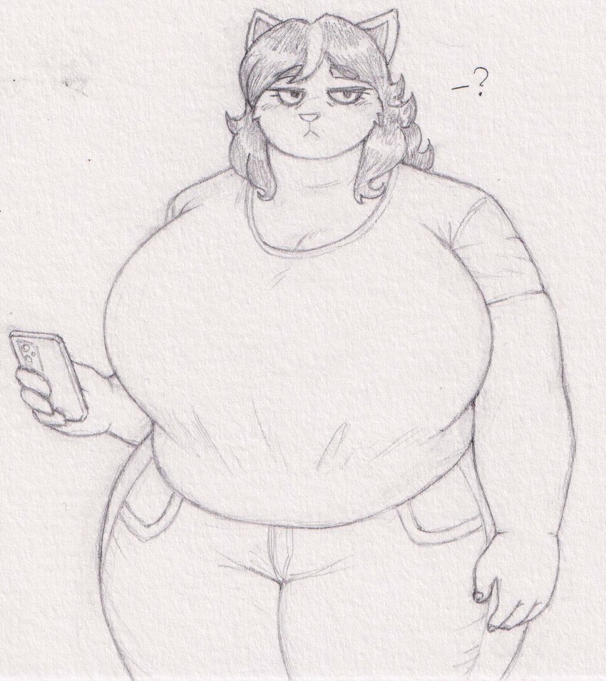 :< anthro big_breasts biped bottomwear breasts cellphone cleavage clothed clothing curvy_figure denim denim_bottomwear denim_clothing electronics eyelashes female front_view hair holding_cellphone holding_object holding_phone holding_smartphone huge_breasts jeans looking_at_viewer overweight overweight_anthro overweight_female pants phone question_mark shirt smartphone solo standing t-shirt thick_thighs topwear voluptuous wide_hips fimif deltarune undertale_(series) catti_(deltarune) domestic_cat felid feline felis mammal 2024 graphite_(artwork) greyscale hi_res monochrome portrait three-quarter_portrait traditional_media_(artwork)