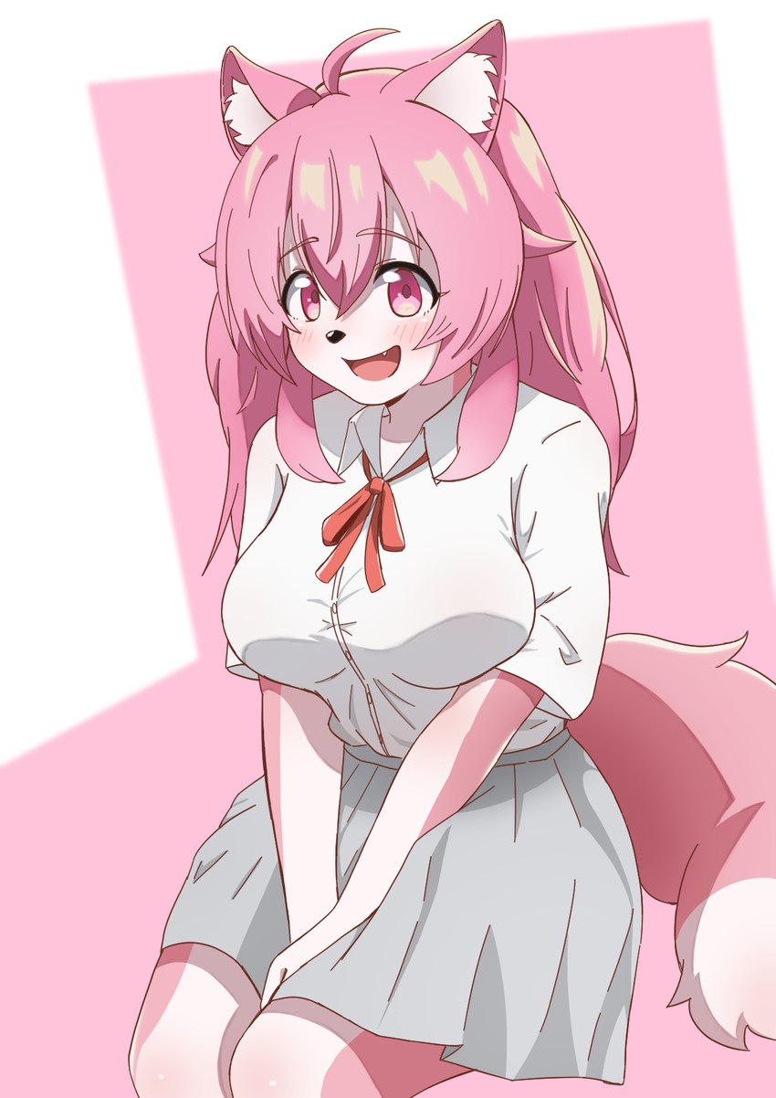 anthro big_breasts biped blush blush_lines bottomwear bow_tie breasts clothed clothing dipstick_tail fangs feet female fluffy fluffy_tail grey_bottomwear grey_clothing grey_skirt hair inner_ear_fluff kemono legs_together looking_at_viewer markings multicolored_body open_mouth open_smile pink_body pink_eyes pink_hair pink_tail pleated_skirt school_uniform shirt sitting skirt smile solo tail tail_markings teeth toes topwear tuft two_tone_body uniform white_body white_clothing white_dress_shirt white_shirt white_topwear takamura momoka_(takamura) canid canine canis japanese_wolf mammal recently_extinct_species wolf hi_res