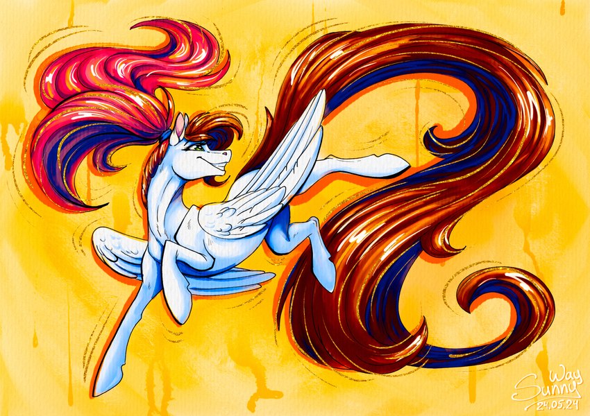 feathers female feral flying smile solo sunny wings sunny_way hasbro my_little_pony mythology sunny_way_(character) equid equine horse mammal mythological_creature mythological_equine pegasus pony digital_media_(artwork) hi_res realistic_paint_studio_(artwork) watercolor_(artwork)