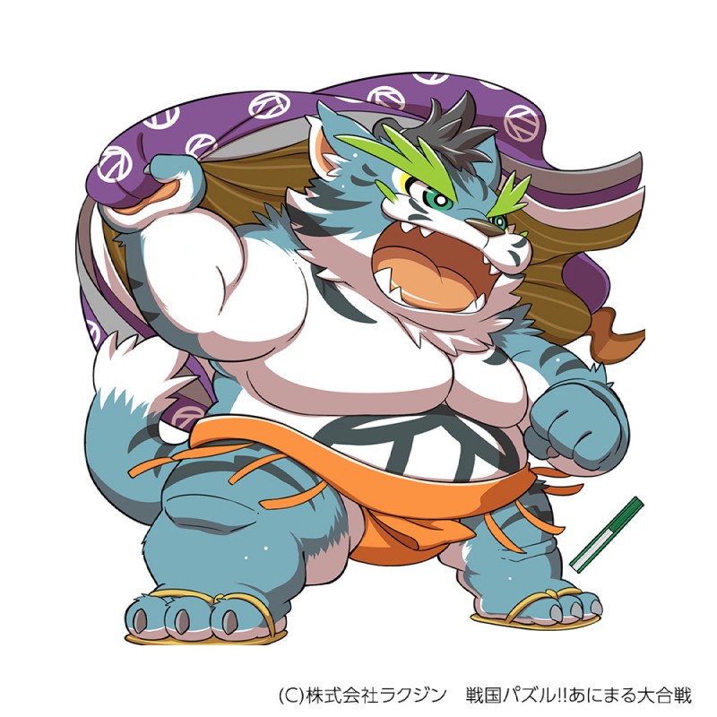 anthro asian_clothing belly blue_body blue_fur clothing east_asian_clothing fangs fur green_eyes humanoid_hands japanese_clothing male mawashi overweight overweight_anthro overweight_male simple_background solo sumo teeth text white_background white_body white_fur kinoshita-jiroh sengoku_puzzle raiden_shin'emon felid mammal pantherine tiger 1:1 2019 japanese_text