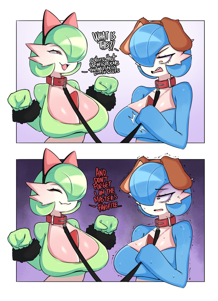 2_panel_comic bdsm big_breasts blue_body blue_hair blush body_blush breast_blush breasts cleavage clothed clothing collar cute_fangs dialogue duo fake_cat_ears fake_dog_ears fake_ears fangs female green_body green_hair hair hair_over_eye happy leash leash_pull leashed_collar master narrowed_eyes not_furry petplay profanity questionable_consent roleplay scared shaking smile smug talking_to_another teeth text trembling white_body wristband saltyxodium wozzu1 nintendo pokemon gardevoir generation_3_pokemon humanoid pokemon_(species) shiny_pokemon 2024 absurd_res artist_collaboration colored digital_media_(artwork) english_text hi_res