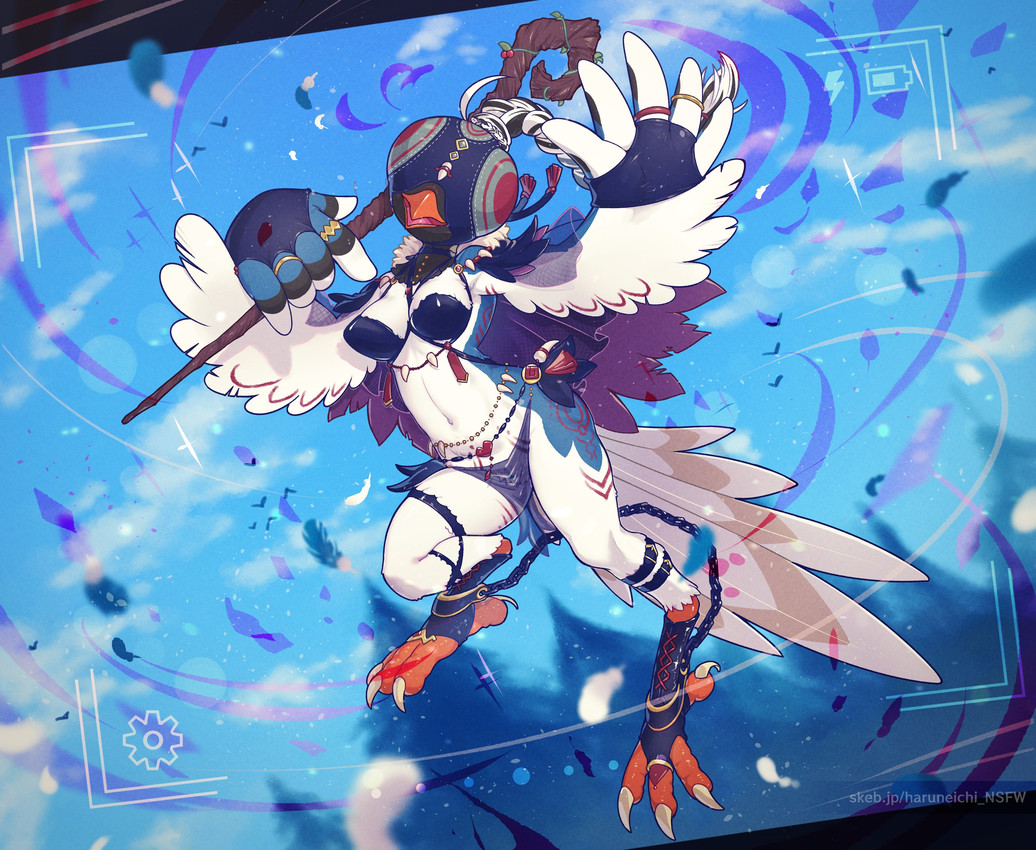 action_pose anthro barely_visible_genitalia bdsm beak black_body black_feathers blindfold blue_body blue_feathers bondage bound braided_hair breasts chain claws clothing curvy_figure falconry_hood feathers feet female flying footwear genitals hair happy heart_symbol holding_object holding_staff hood jewelry magic_user midair midriff neck_tuft non-mammal_breasts open_mouth orange_beak ponytail pose ring sensory_deprivation sensory_deprivation_hood shark_tooth_necklace small_waist smile solo spread_wings staff standing tail tail_feathers talons thick_thighs toe_claws toes translucent translucent_clothing tuft vulva white_body white_feathers white_hair wide_hips winged_arms wings haruneichi cissa_(idorrth) avian bird corvid magpie_(corvid) oscine passerine absurd_res digital_media_(artwork) full-length_portrait hi_res pinup portrait