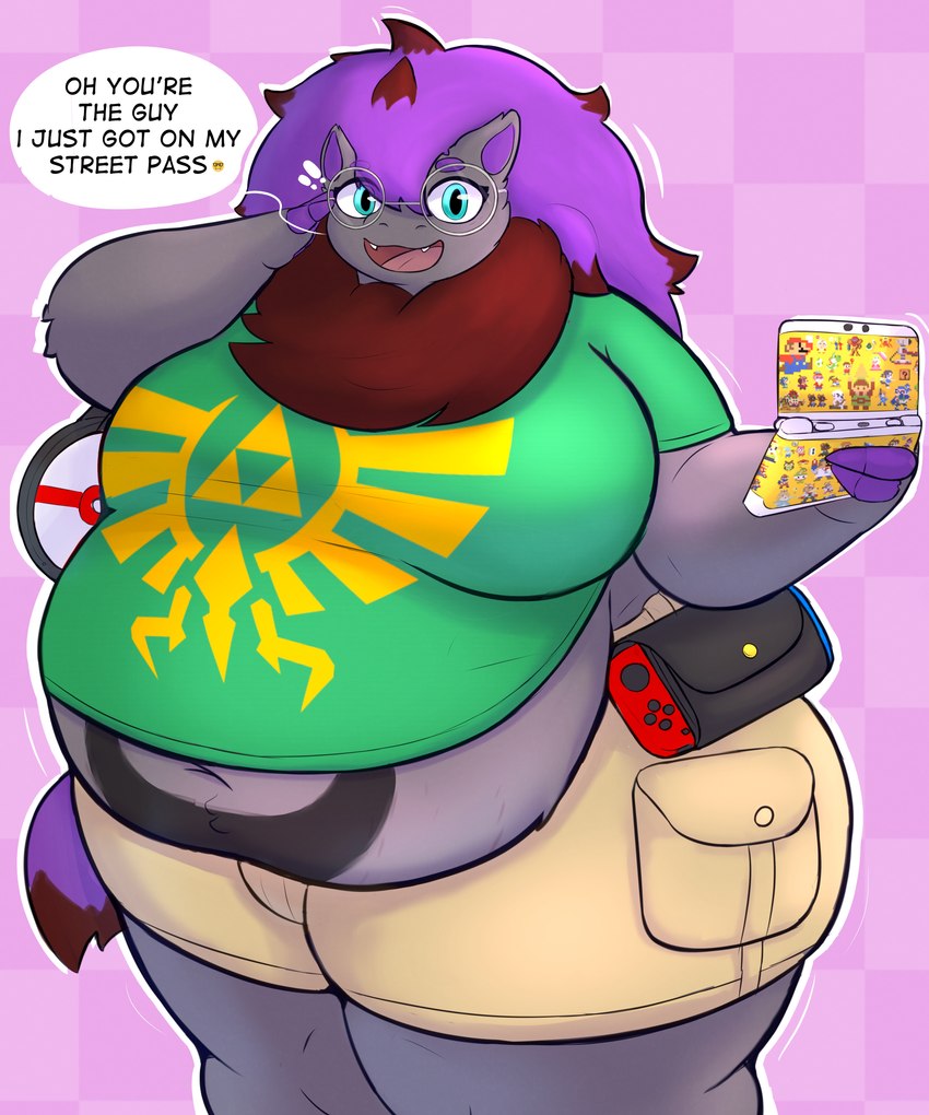 anthro belly belly_tattoo big_belly big_breasts blue_eyes bottomwear breasts bulge cargo_pants clothed clothing dialogue electronics eyewear fully_clothed fur game_console glasses grey_body grey_fur gynomorph hair handbag hylian_crest intersex looking_at_viewer navel nerd obese obese_anthro obese_gynomorph obese_intersex open_mouth overweight overweight_anthro overweight_gynomorph overweight_intersex pants pokeball premier_ball purple_hair shirt shorts solo switch_console tattoo text thick_thighs tight_clothing topwear wide_hips mcerror nintendo nintendo_3ds nintendo_ds_family nintendo_switch pokemon fan_character zor_(nya4) generation_5_pokemon pokemon_(species) shiny_pokemon zoroark 5:6 absurd_res english_text hi_res