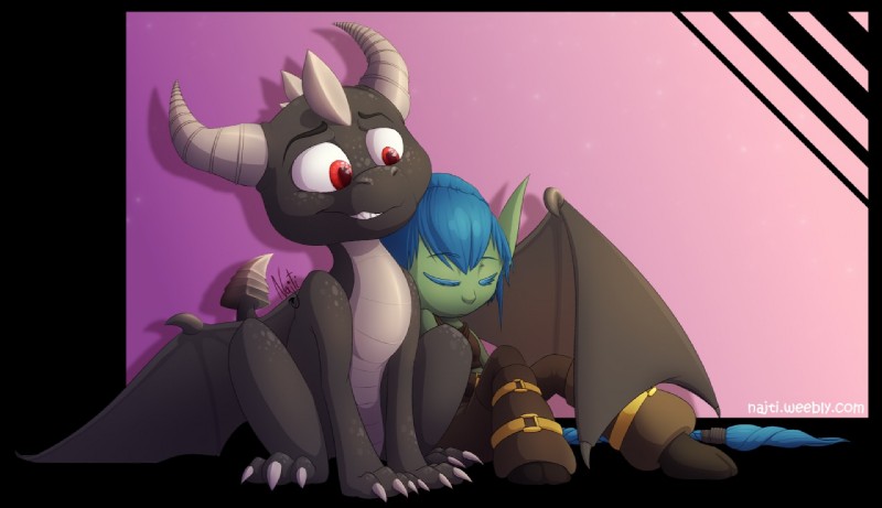 alternate_color black_body black_scales cuddling duo eyes_closed feral green_body green_skin horn scales sitting sleeping tail teeth wings najti activision mythology skylanders_academy spyro_the_dragon dark_spyro spyro stealth_elf_(skylanders) dragon elf humanoid mythological_creature mythological_scalie scalie