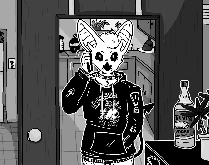 alcohol alternative_fashion anthro beverage bottomwear cellphone clothing collar denim denim_bottomwear denim_clothing ear_piercing ear_ring electronics fangs hoodie humor jeans male mirror pants phone piercing punk ring_piercing smartphone solo spiked_collar spikes teeth text topwear vodka wide_eyed sinsquest sins_(sinsquest) bat mammal greyscale monochrome trans_(lore) trans_man_(lore)