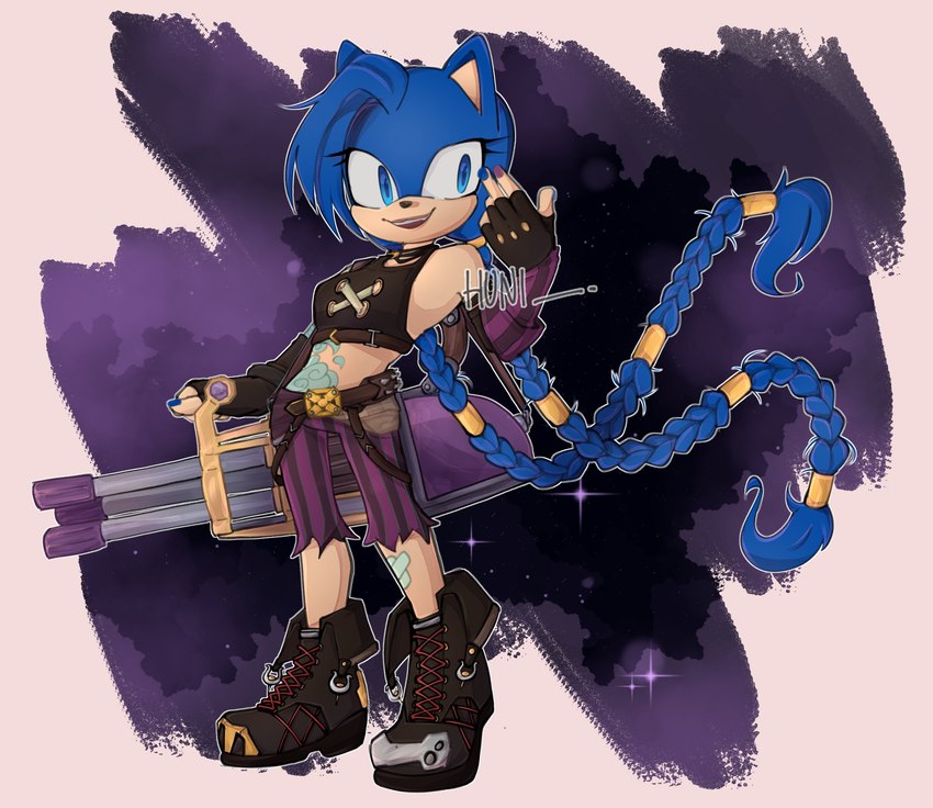 alternate_species alternative_fashion anthro band-aid bandage blue_hair braided_hair clothing female fingerless_gloves footwear furrification gloves hair handwear light_body light_skin long_hair open_mouth open_smile shoes smile solo tattoo h_huniii league_of_legends riot_games sega sonic_the_hedgehog_(series) tencent jinx_(lol) eulipotyphlan hedgehog mammal 2021 absurd_res crossover hi_res signature