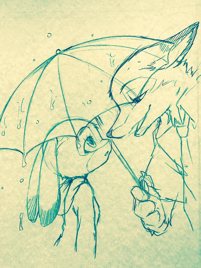 anthro clothed clothing duo eye_contact female holding_object holding_umbrella looking_at_another male necktie open_mouth open_smile shirt smile topwear umbrella wet dogear218 disney zootopia judy_hopps nick_wilde canid canine fox lagomorph leporid mammal rabbit red_fox true_fox 3:4 hi_res