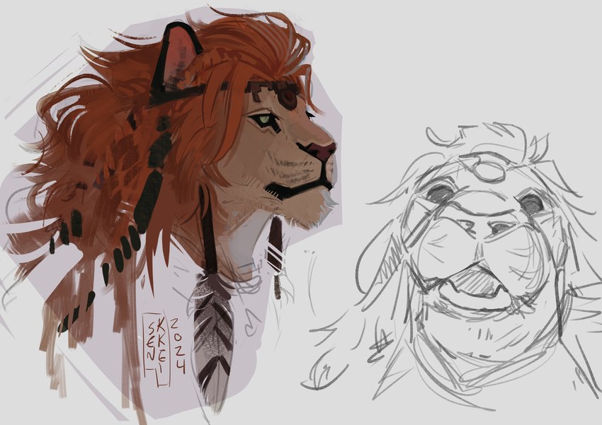 anthro braided_hair dark_lips feathers female green_eyes hair messy_hair mugshot orange_hair solo senkkei final_fantasy final_fantasy_xiv square_enix wuk_lamat felid hrothgar lion mammal pantherine headshot_portrait hi_res portrait signature sketch