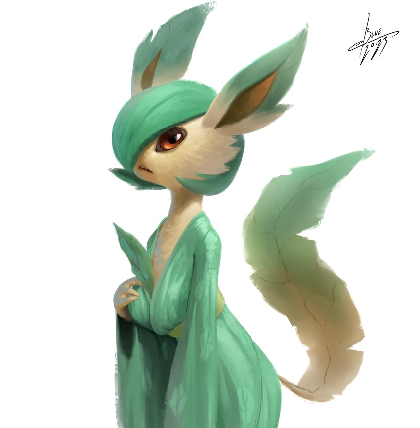 anthro breasts brown_eyes cheek_tuft clothed clothing facial_tuft female fingers fusion green_clothing green_hair green_topwear hair hand_on_breast leaf looking_at_viewer one_eye_obstructed open_mouth pokemon_fusion simple_background solo tail text topwear tuft blulesnsfw fakemon nintendo pokemon eeveelution gardevoir generation_3_pokemon generation_4_pokemon hybrid hybrid_pokemon leafeon pokemon_(species) 2023 absurd_res artist_name digital_media_(artwork) hi_res signature