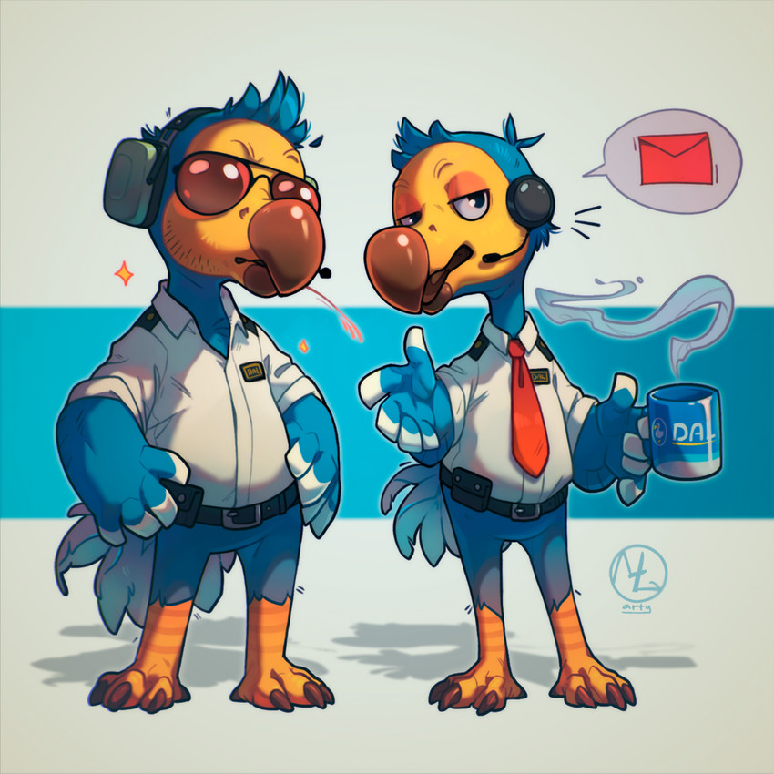 anthro beak belt biped clothing container cup duo electronics eyewear headphones male necktie simple_background speech_bubble sunglasses maaty-s animal_crossing nintendo orville_(animal_crossing) wilbur_(animal_crossing) avian bird columbid dodo recently_extinct_species 1:1 2020 pictographics brother_(lore) sibling_(lore)